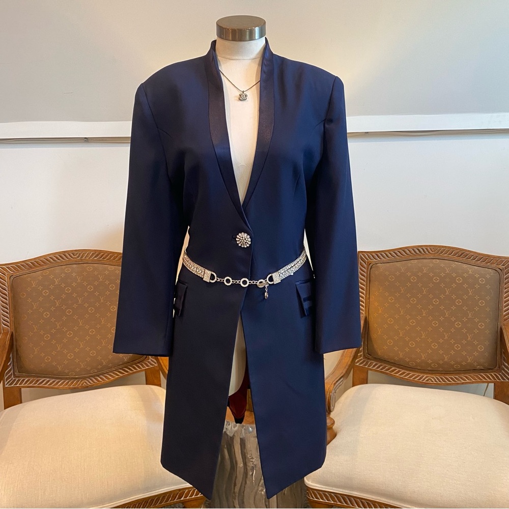 Vintage 80s Elegant Navy Blue Women's Long Blazer Coat, Blazer Dress, Size L